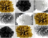 10 tissue poms, 50th wedding anniversary decor,graduation party decorations, Gold Black White Il_170x135