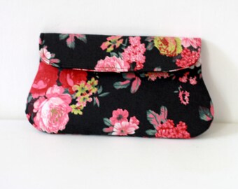 Black Floral Clutch, Bridesmaid clutch, bridesmaid gift, black and pink flower clutch