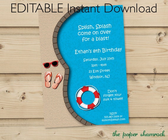 EDITABLE Instant Download - Pool Party Invitation, Summer Invitation, Birthday Party Il_570xn