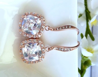 Wedding Earrings Bridal Earrings - Halo Clear White Square Cubic Zirconia (Not Foiled Back) with ROSE GOLD Plated CZ Earings