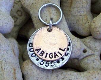 Custom pet dog cat ID tag, pet ID tag, dog ID tag, custom personalized, quarter and penny coins, pet lovers, keep pets safe.
