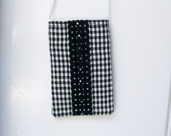 Black & White Gingham CELLPHONE POUCH Suede Lace Rhinestones Cell Mini Neck Bag Necklace - Ships free in US