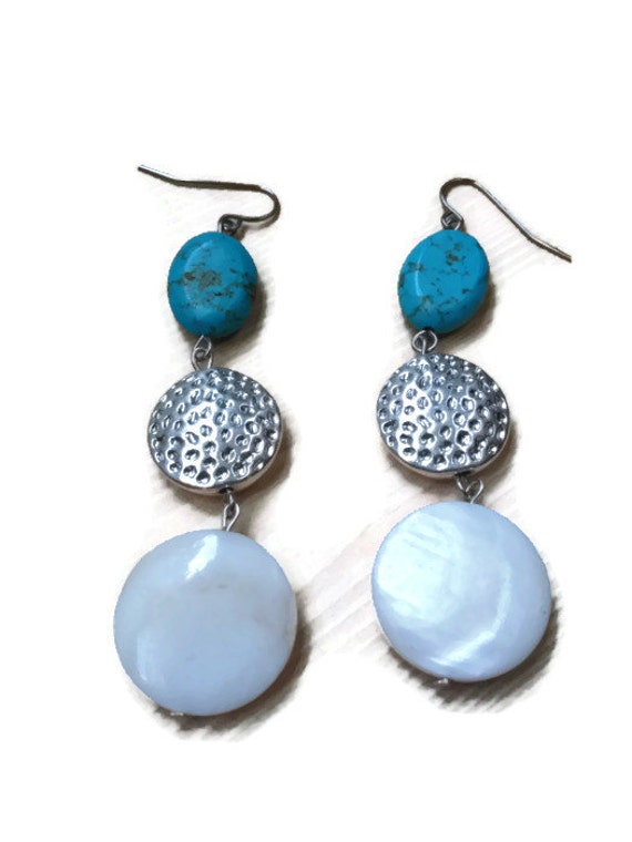 Turquoise Mother of Pearl & Silver Beaded Earrings