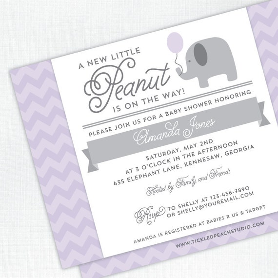 Elephant Baby Shower Invitation - purple and grey chevron - PRINTED - Printable file also available Il_570xn