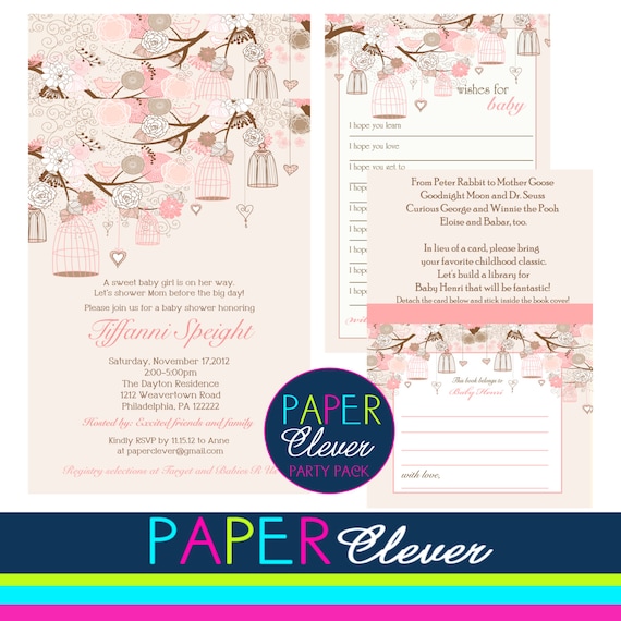 Girls Baby Shower Invitation vintage birdcage beige & pink digital file, printable #730 Il_570xn