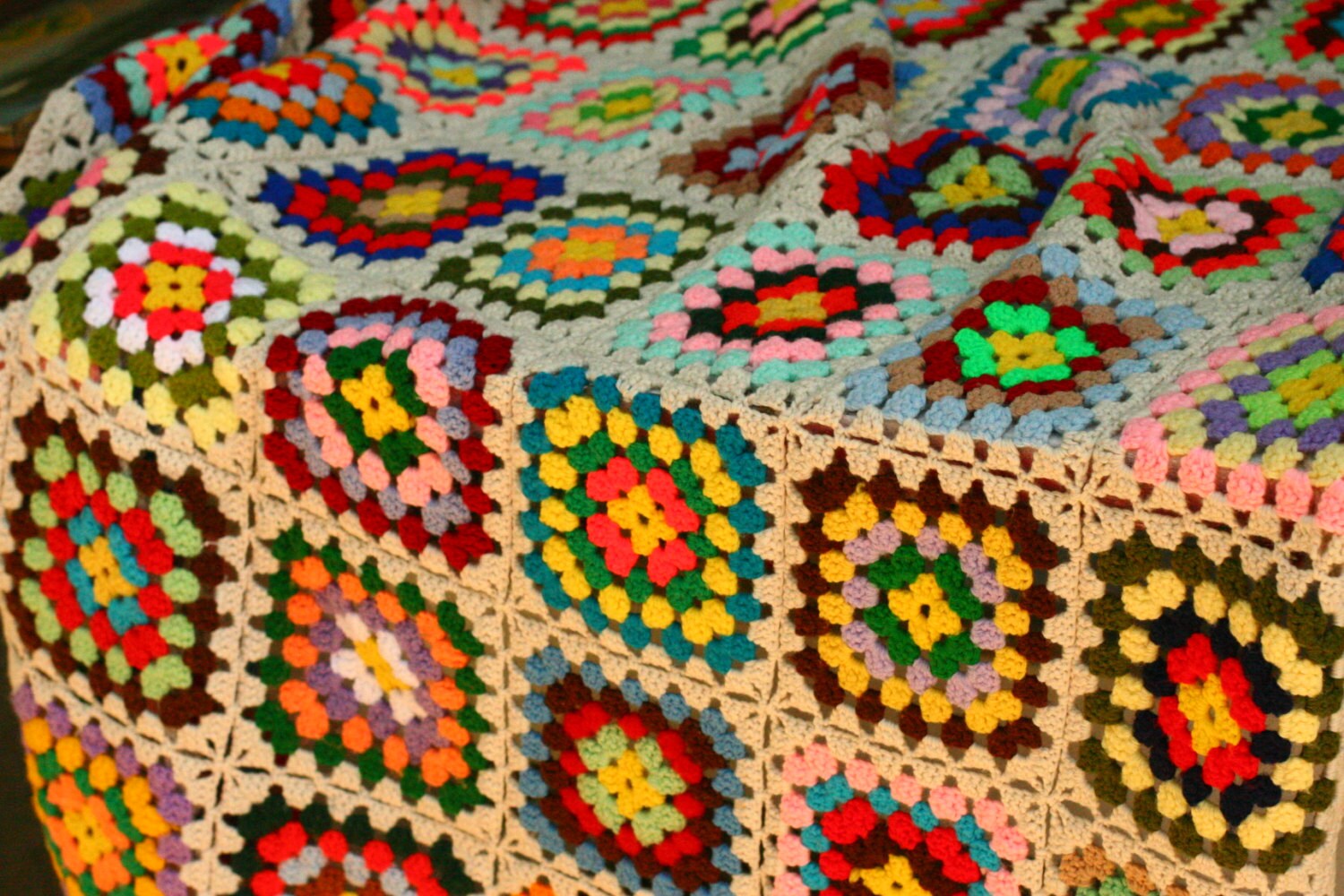 Vintage Afghan Lap Blanket/ Grandma Square Multi Colored
