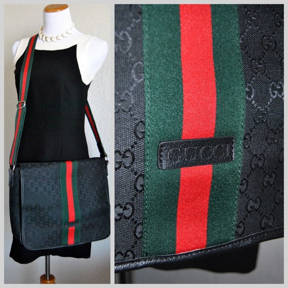 Vintage GUCCI Black Bag Green Red Strip Monogram Messenger Bag