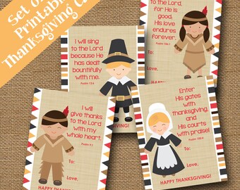 Thanksgiving Scripture Cards for Kids | Pilgrim and Indian Printable Cards | Classroom Bible Verse Cards for Children | DIY PRINTABLE