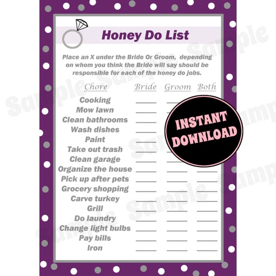 INSTANT DOWNLOAD Honey Do Bridal Shower Game Card