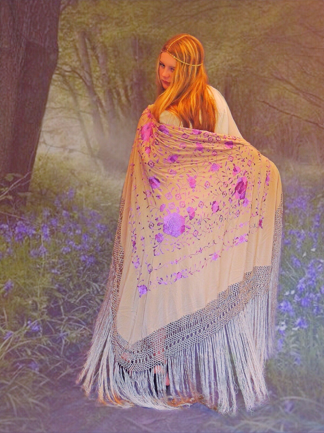 Gorgeous silk embroidered piano shawl  oversized long fringed