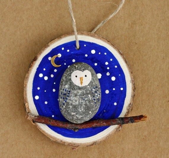 night owl painted rock on wood slice ornament night sky christmas tree that hangs on the wall