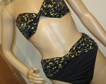 Black & Gold Strapless 2 Piece Bikini Swimsuit size M 8 or 10 Vintage Swimwear