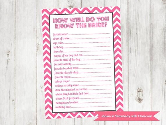 Bridal Shower Game - Printable Shower Themed Chevron Know the Bride Game - Colors and Text Customizable Il_570xn