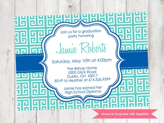 Printable Graduation Party Invitation - Graduation Themed Greek Keys Invite - Colors and Text Customizable Il_570xn