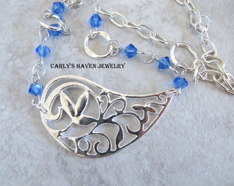 sapphire Swarovski, silver paisley focal, and chain necklace set, ready to ship, September birthstone, gifts for women gifts under 50