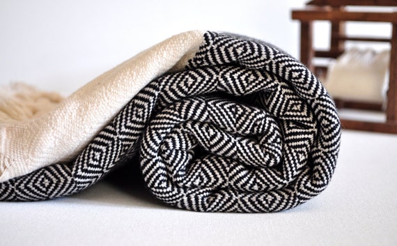 Chevron Pattern Turkish Towel Peshtemal towel in ivory Black color Cotton Woven pure soft