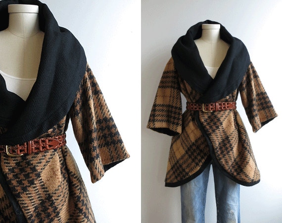 Vintage Wrap Coat / 1950s Reversible Wool Blanket Plaid Wrap