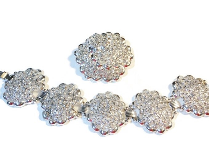 Filigree bracelet and brooch or pendant, cut work large silver plated floral demi parure brooch or pendant and 5 panel link bracelet
