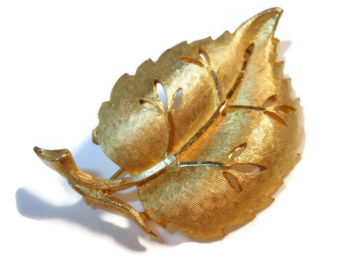 FREE SHIPPING BSK figural leaf brooch with cut out work - gold plated brush work.