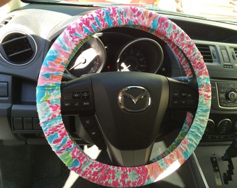 Steering Wheel Cover made with Lilly Pulitzer's Let's Cha Cha fabric
