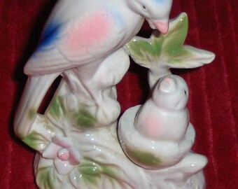 Vintage porcelain bird figurine Mother feeding baby bird nest pink blue bird statue