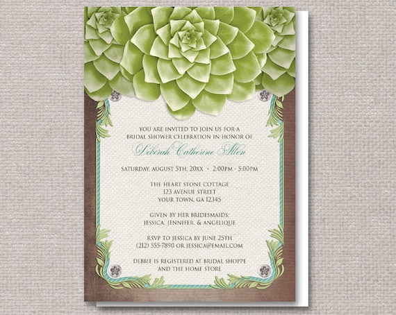 Rustic Succulent Garden Bridal Shower Invitations - Printed or Printable - Green Brown Teal Beige Canvas Il_570xn