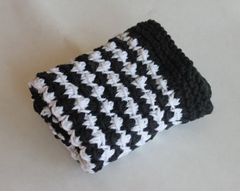 Hand Knit Dish Cloth, Wash Cloth, 100% Cotton, Textured Cleaning Cloth, Kitchen and Bath, Shower Gift, Stocking Stuffer (DC-002/Black/White)