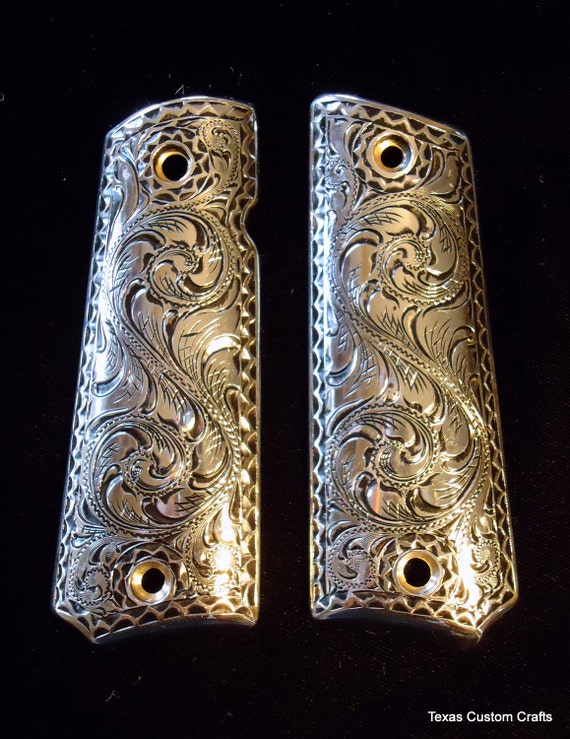 1911 Pistol Grips With Full Hand Engraved Western Floral