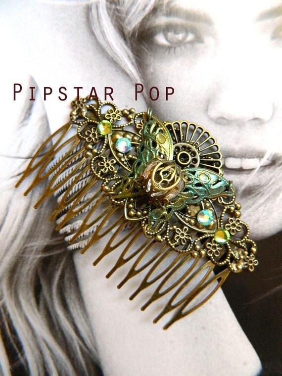 Art Nouveau Bronze Butterfly filigree comb with rhinestones. Emerald city collection - Neo Classical and Steampunk Jewelry Hair Accessories by PipStarPop steampunk buy now online