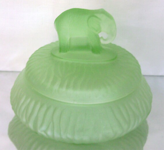 Art Deco Green Depression Glass Elephant Powder Jar Greensburg