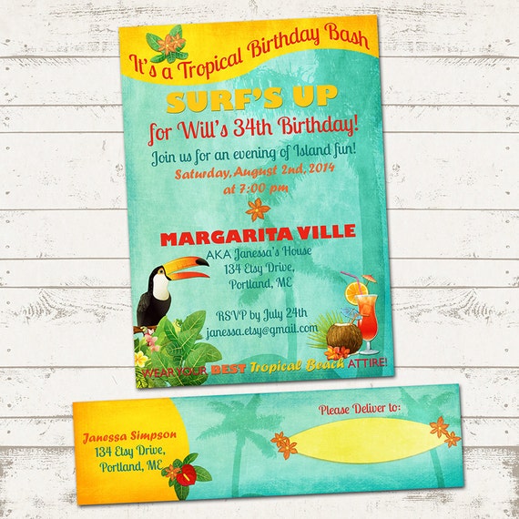Tropical Island Birthday Invitation - with Address Labels - Retro Beach, Hawaiian, Island themes - Exotic Birds - Great for Adults and Kids Il_570xn