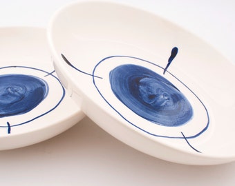 Set of two simple, modern, Delft blue hand painted earthenware ceramic pasta or soup bowls or plates MADE TO ORDER