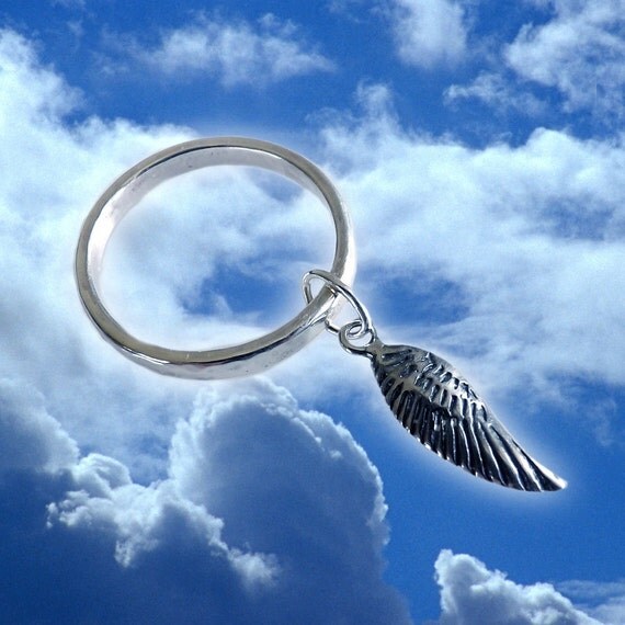 Angel Wing Charm Hammered  Ring In Sterling Silver by SylphSilver