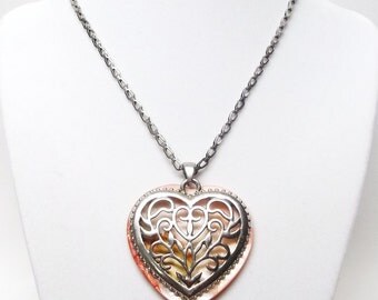 Silver Filigree Heart on Pink Shell Pendant Necklace