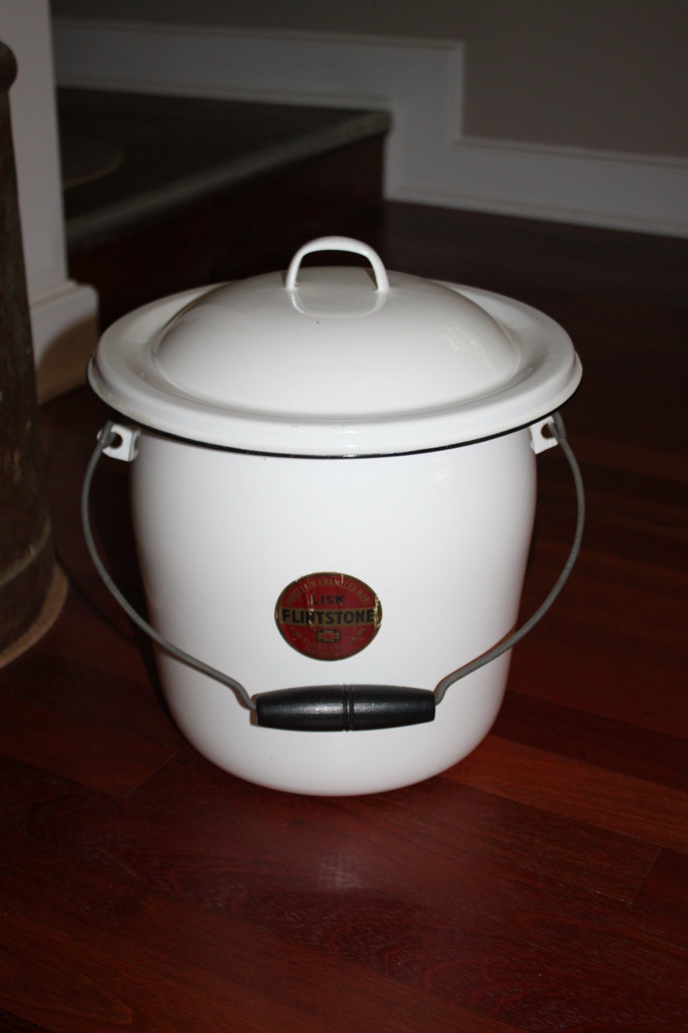 Vintage Covered Slop Bucket Porcelain Enamelware By Lisk