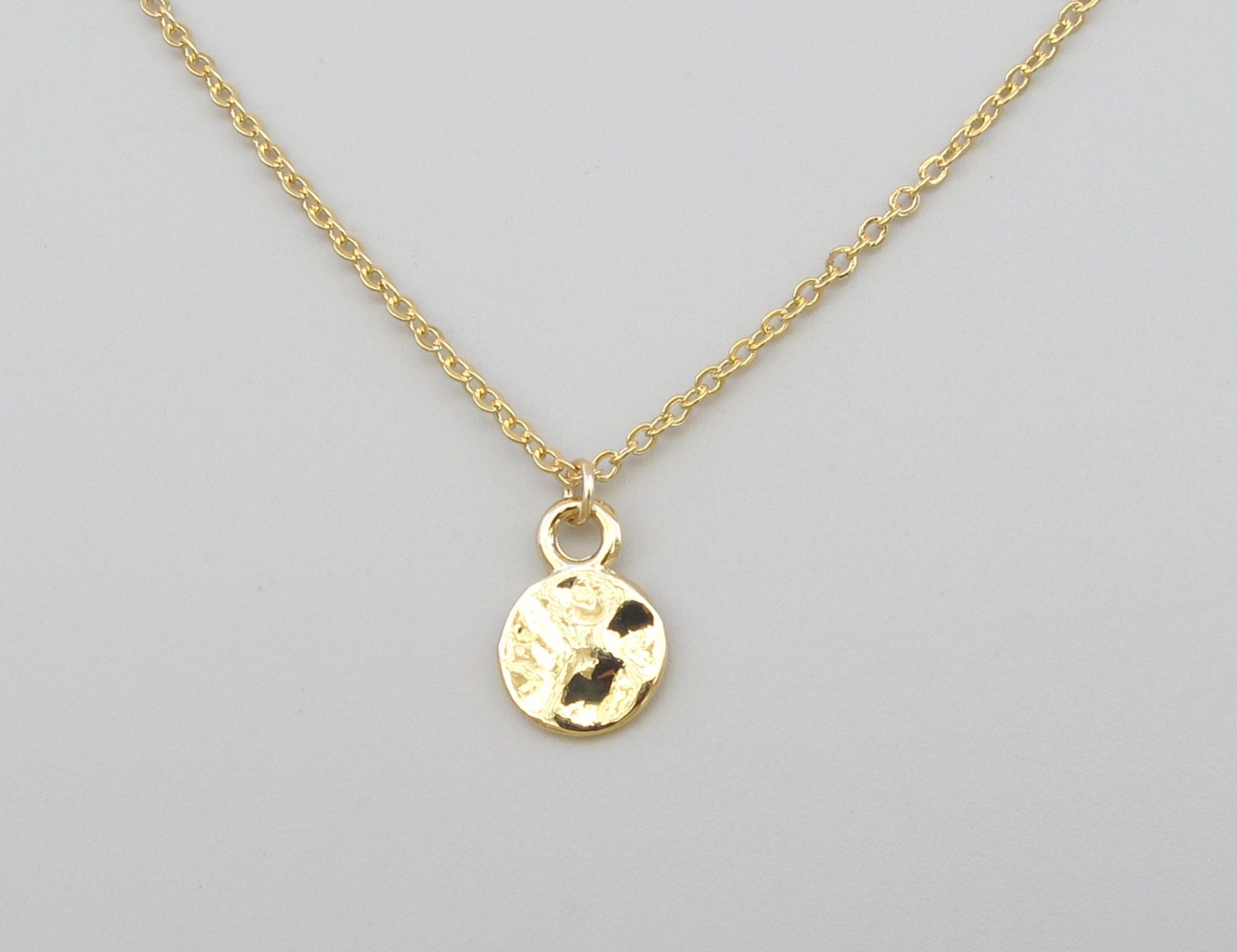 Tiny gold disc necklace hammered gold circle pendant