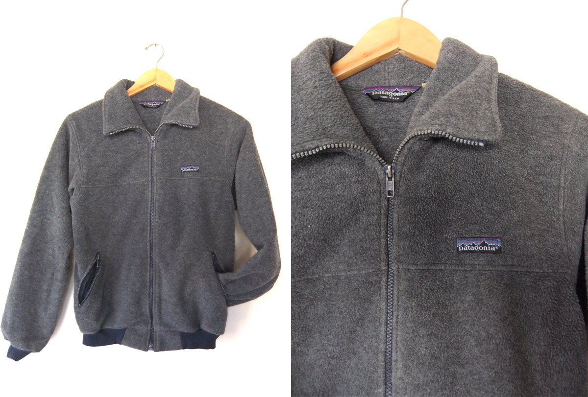 90s Patagonia Fleece Jacket Fuzzy Full Zip Charcoal Grey Hip