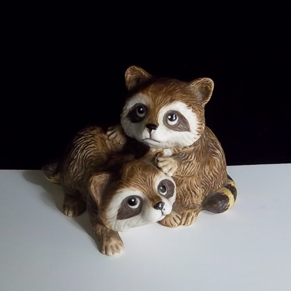 Raccoon Cubs Ceramic Woodland Figurine