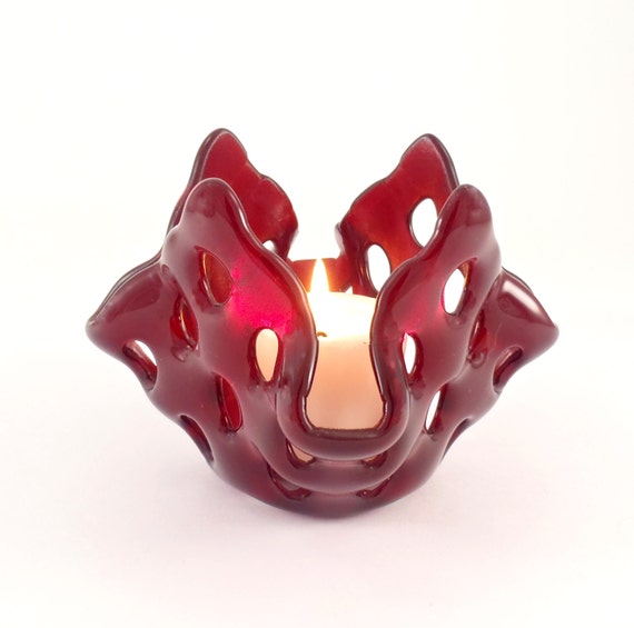 Red Fused Glass Candle Holder Basket Weave Votive Candle