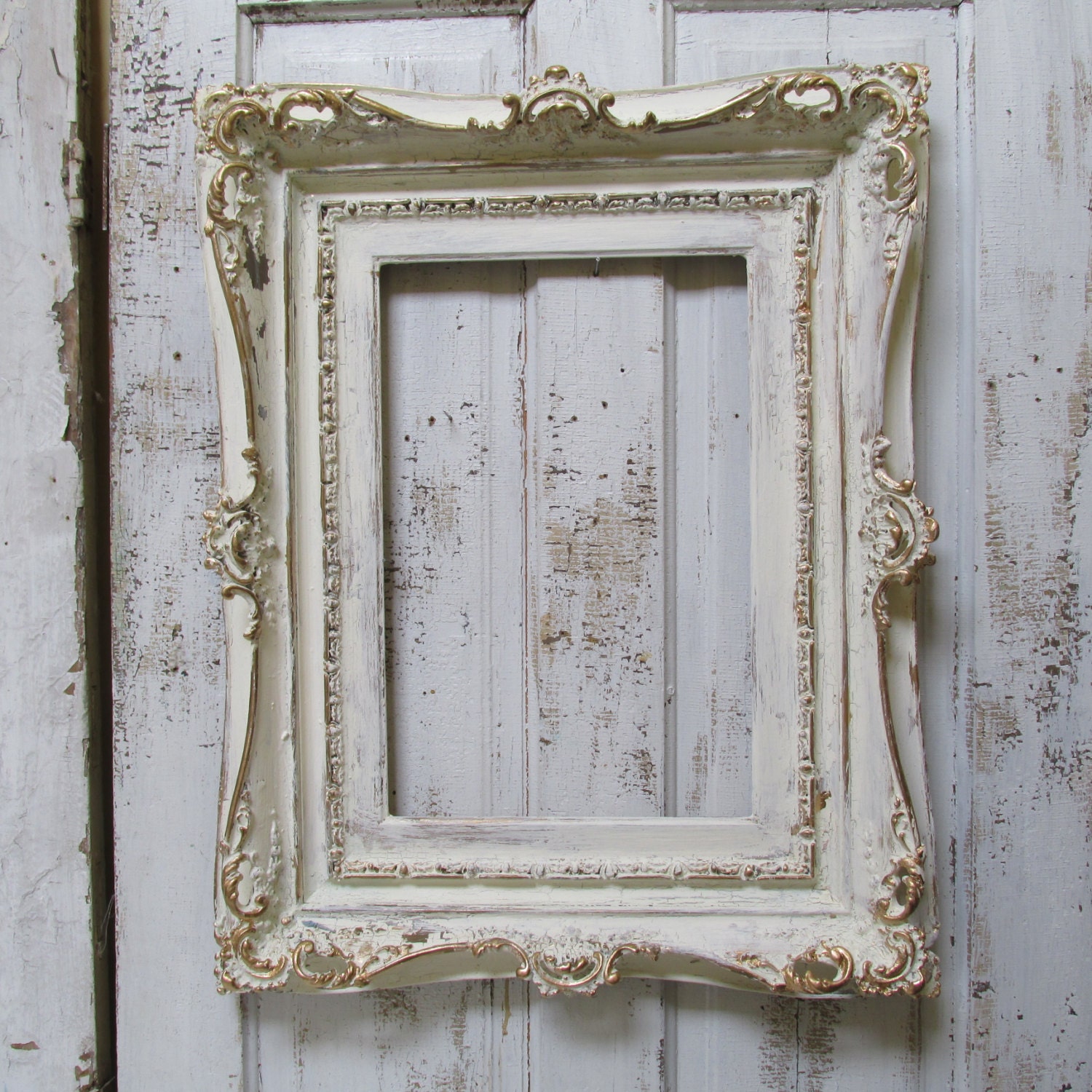 Large ivory ornate frame hand painted wood distressed shabby