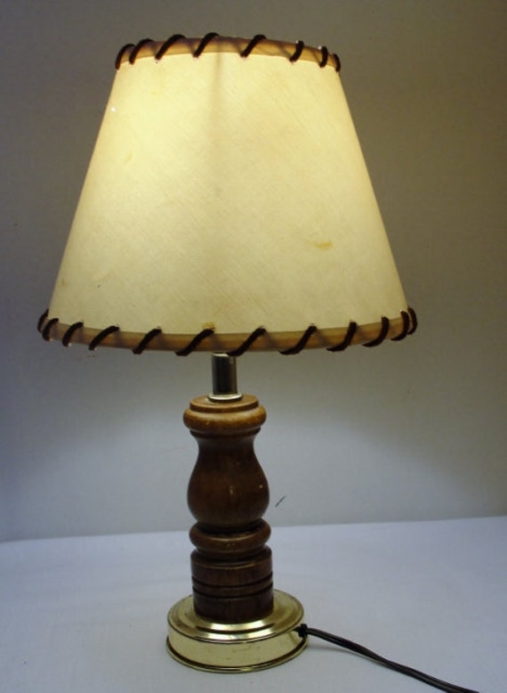 Vintage wood base lamp with Leather lace Shade