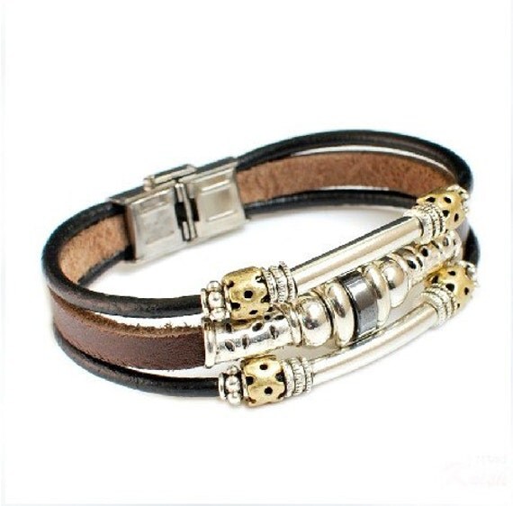 Men's leather wristband bracelet,silver Strap buckle,Mens jewelry,Mens