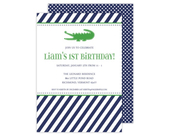 Alligator Birthday Party or Baby Shower Invitation (Navy Alligator Party, Alligator Invitation, Alligator Baby Shower) Il_570xn