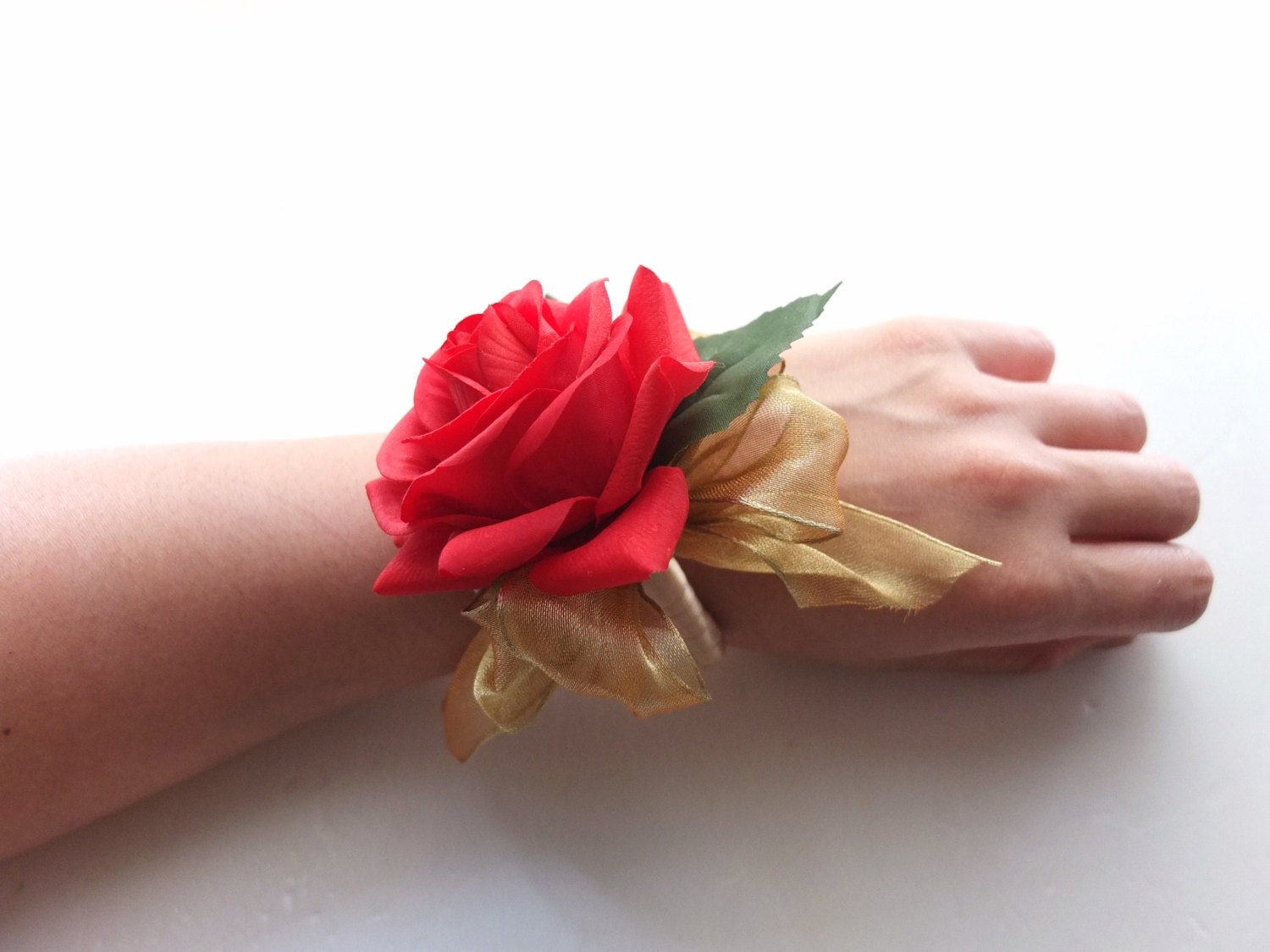 Wrist Corsage Red rose with gold organza on pearl bracelet