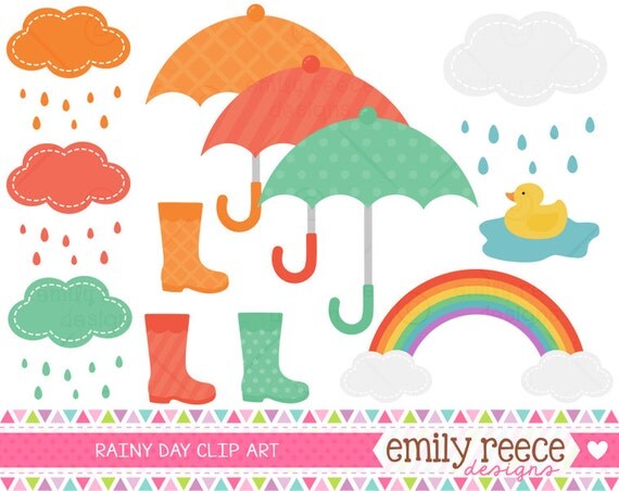 50% OFF - Rain Boots Umbrella Clouds Rubber Duck Cute Clip Art - Commercial Use - Scrapbooking Invitations Cards - Instant Download Il_570xn