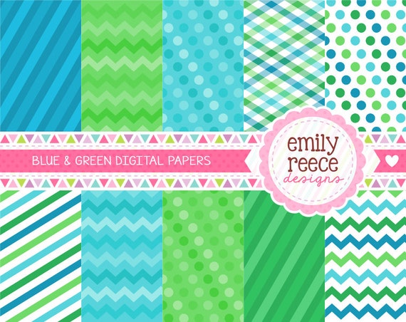 DOLLAR SALE Blue Green Chevron Polka Dots Stripe Cute Digital Papers - Commercial Use - Scrapbooking Invitations Cards - Instant Download Il_570xn