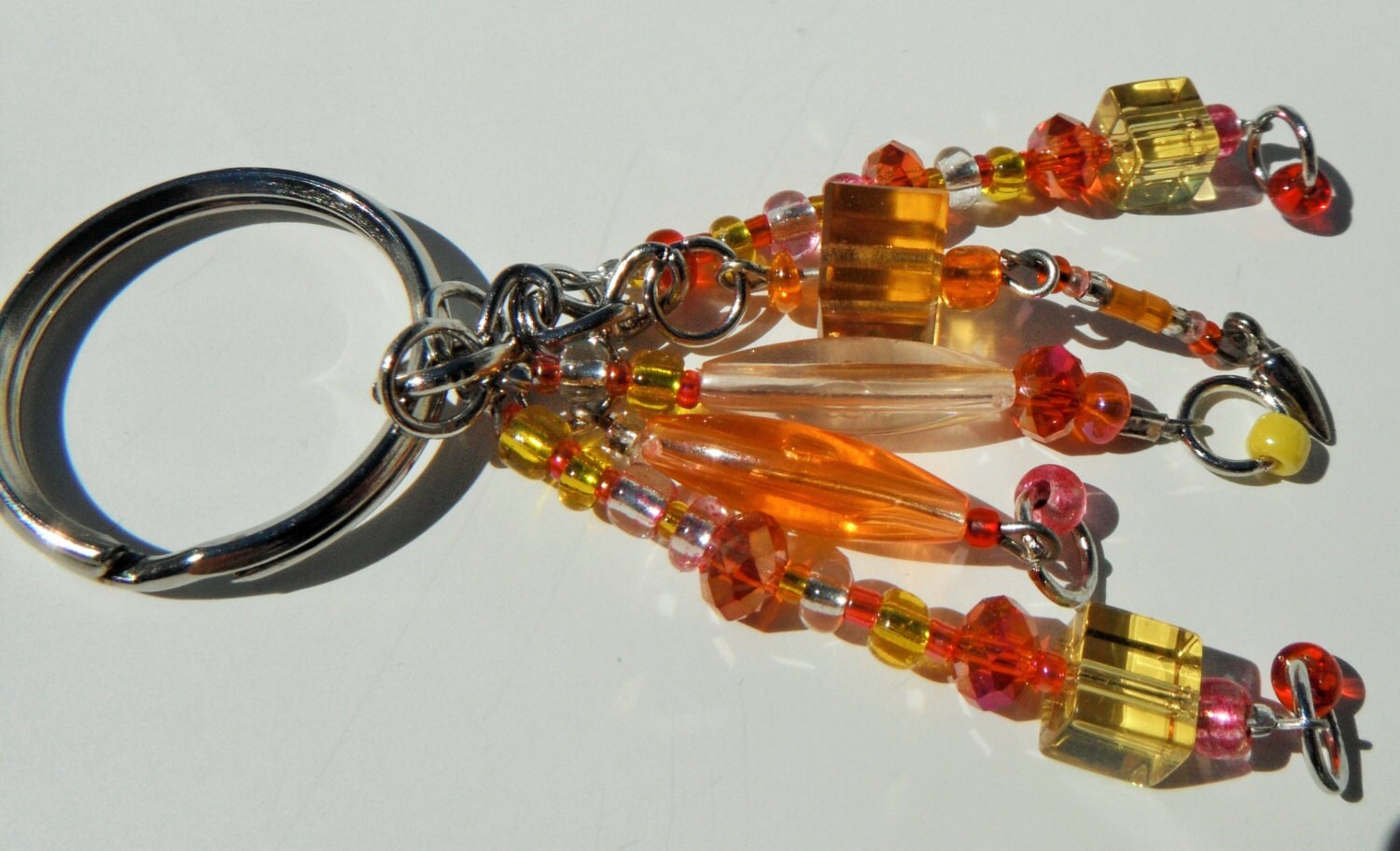 Orange Yellow Bead Key Chain Silver Keychain Beaded by mscenna