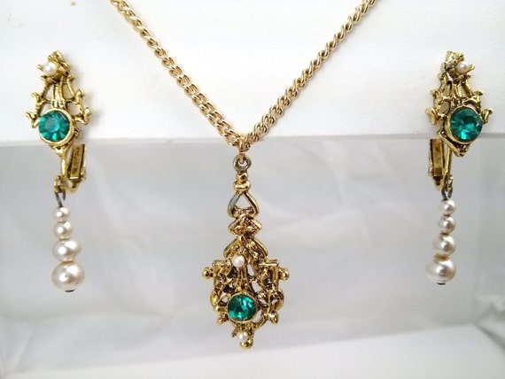 -Revival pendant  earrings set, signed GERMANY, gold-tone, white ...