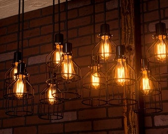 Industrial lighting, Industrial Chandelier, Black With Reclaimed Wood and 10 Pendants. R-1434-BC-10