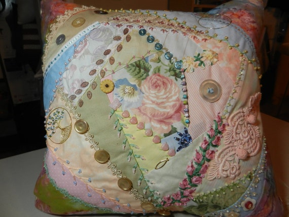 Lavishly Embellished Pastel Crazy Quilt Pillow